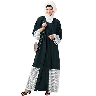 Double layered abaya with embroidered fabric- Green-White